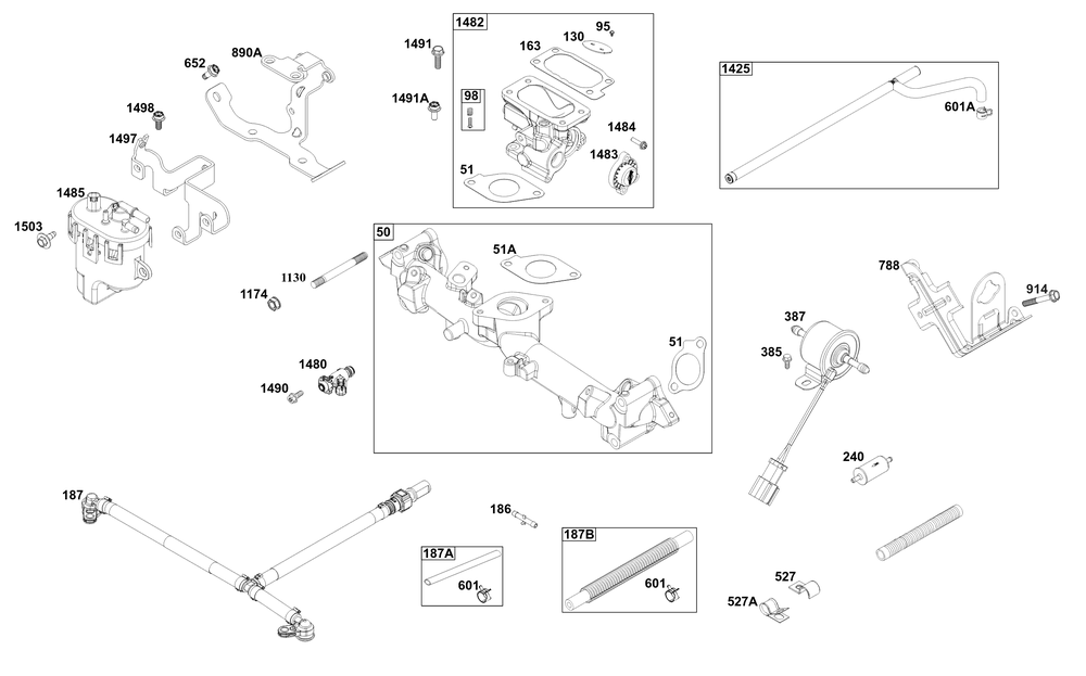 Throttle Body And Fuel Supply Group Diagram and Parts List for 61E377-0054-J1 400000 - 699999 Briggs and Stratton Engine